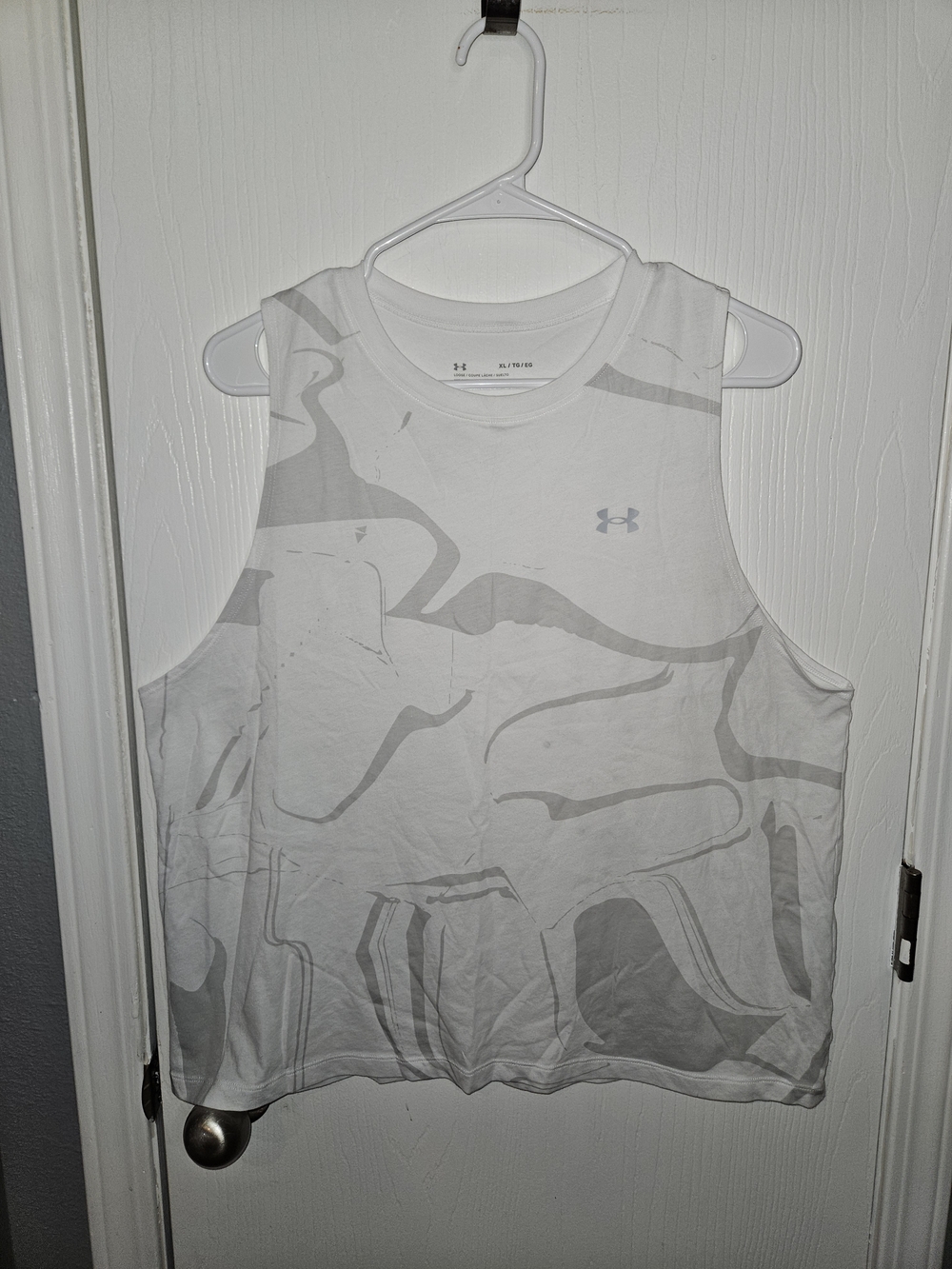 Under Armour White and Light Gray Abstract Muscle Tank